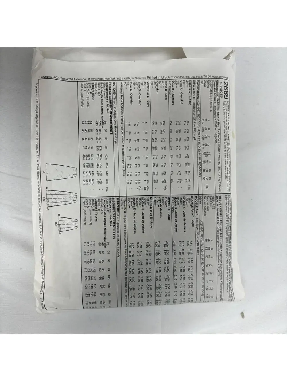 Vintage Y2K McCall's 2689 Skirt Sewing Pattern - As is